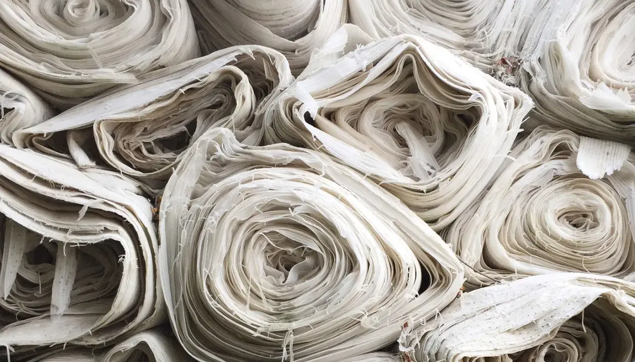 Stapel von weißem, zerknittertem Stoff, der an aufgerollte Papierrollen erinnert. Die Textur ist faserig und unregelmäßig, was auf die Herstellung von Rayonstoff hindeutet, der schädlich für die Umwelt sein kann.