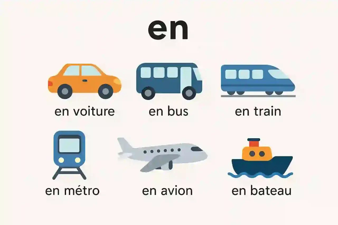 Ilustracja pokazuje różne środki transportu: **samochód po francusku** (en voiture), autobus, pociąg, metro, samolot i łódź.
