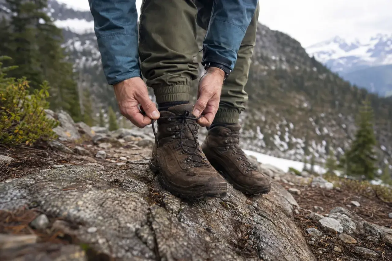 A hiker laces up sturdy brown boots on a rocky mountain trail. The question of should you size up in boots is crucial for comfort on such terrain.