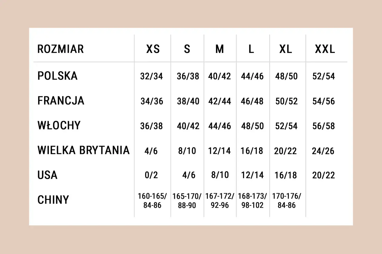 Tabela rozmiarów: rozmiar M to polskie 40/42, francuskie 42/44, włoskie 44/46, brytyjskie 12/14, USA 8/10, chińskie 167-172/92-96.
