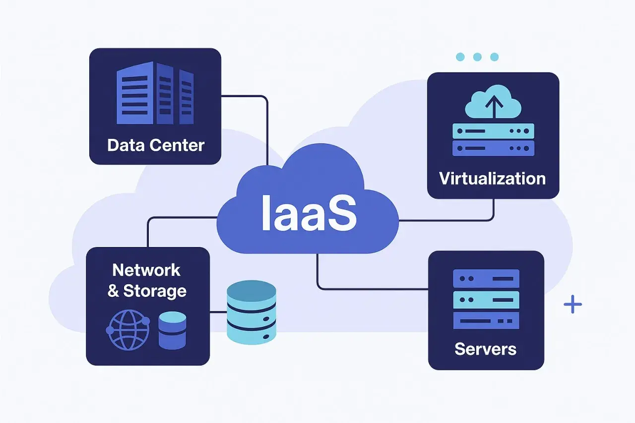 Diagramme illustrant l'IaaS : centre de données, réseau, stockage, virtualisation et serveurs. Un serveur internet est au cœur de ce système.