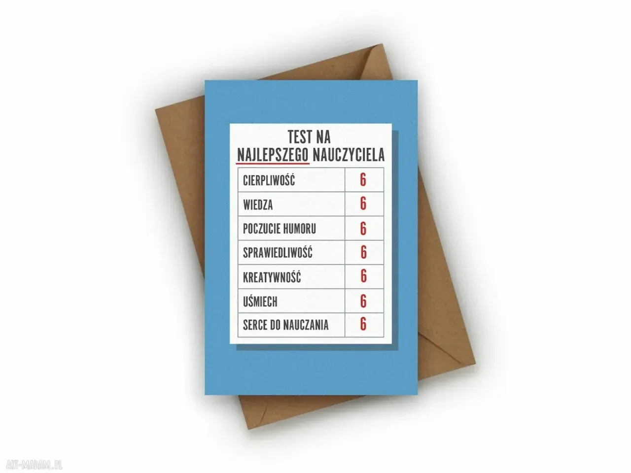 Kartka z testem na najlepszego nauczyciela, oceny 6 z cierpliwości, wiedzy, humoru, sprawiedliwości, kreatywności, uśmiechu i serca do nauczania. Art 20 kn.