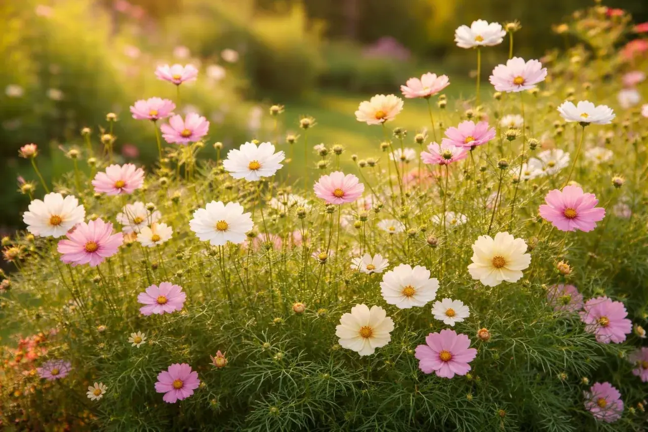 Ein Feld voller zarter, **cosmea winterhart** blühender Blumen in Rosa, Weiß und Gelb im warmen Abendlicht.