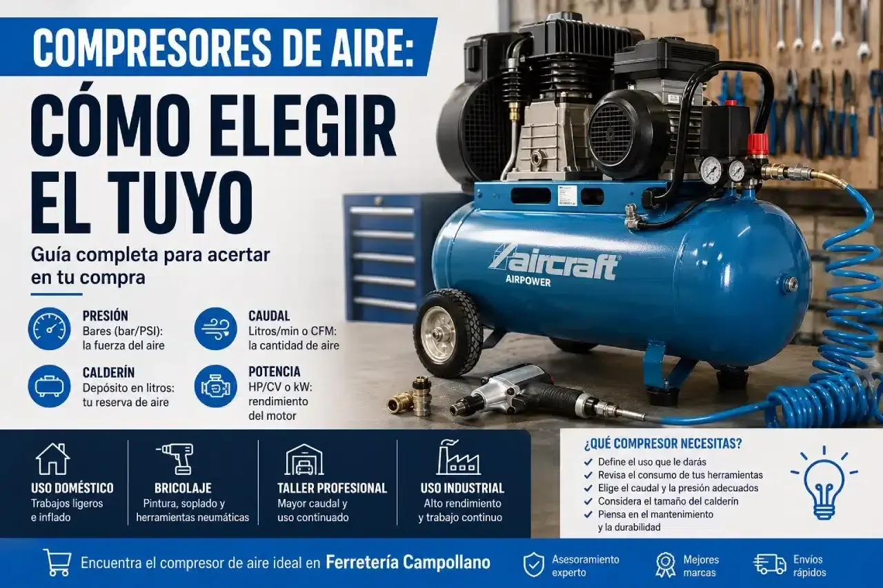 Guía para elegir tu compresor de aire: conoce la presión, caudal, potencia y calderín. Aprende cómo funciona un compresor de aire para uso doméstico, bricolaje o profesional.
