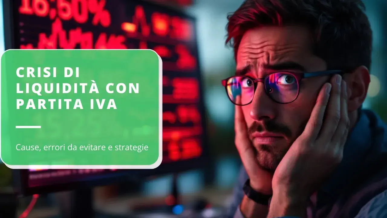 Uomo preoccupato guarda schermo con grafici, testo "Crisi di liquidità con partita IVA: cause, errori da evitare e strategie".