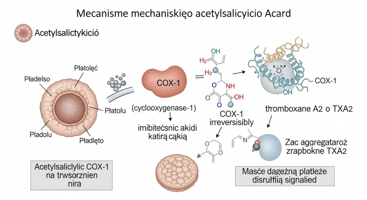 Kwas acetylosalicylowy blokuje COX-1, hamując produkcję tromboksanu A2 i agregację płytek krwi.