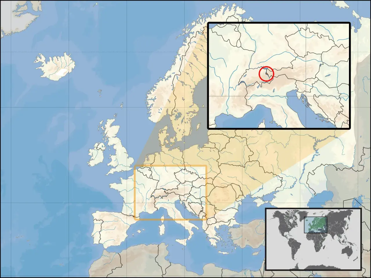 Mapa Europy z zaznaczonym Liechtensteinem. Gdzie leży Liechtenstein? W Alpach, między Szwajcarią a Austrią, co pokazuje zbliżenie.