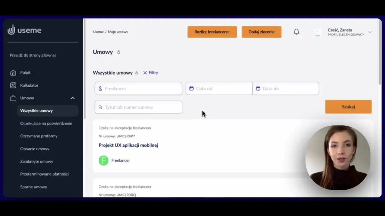 Panel zarządzania umowami dla freelancera. Widoczne filtry wyszukiwania, lista umów i zdjęcie użytkowniczki.