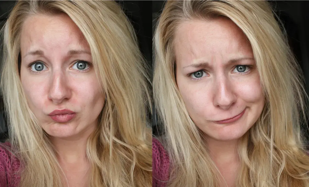 Två närbilder på en kvinna med blont hår. Hon gör olika miner, kanske för att visa resultatet av att blondera håret hemma.