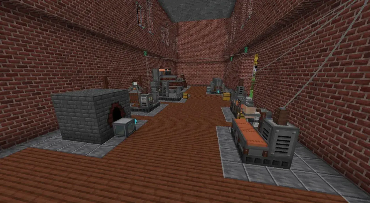 Wnętrze fabryki z maszynami i piecami, tworzące systemy do **immersive engineering**.