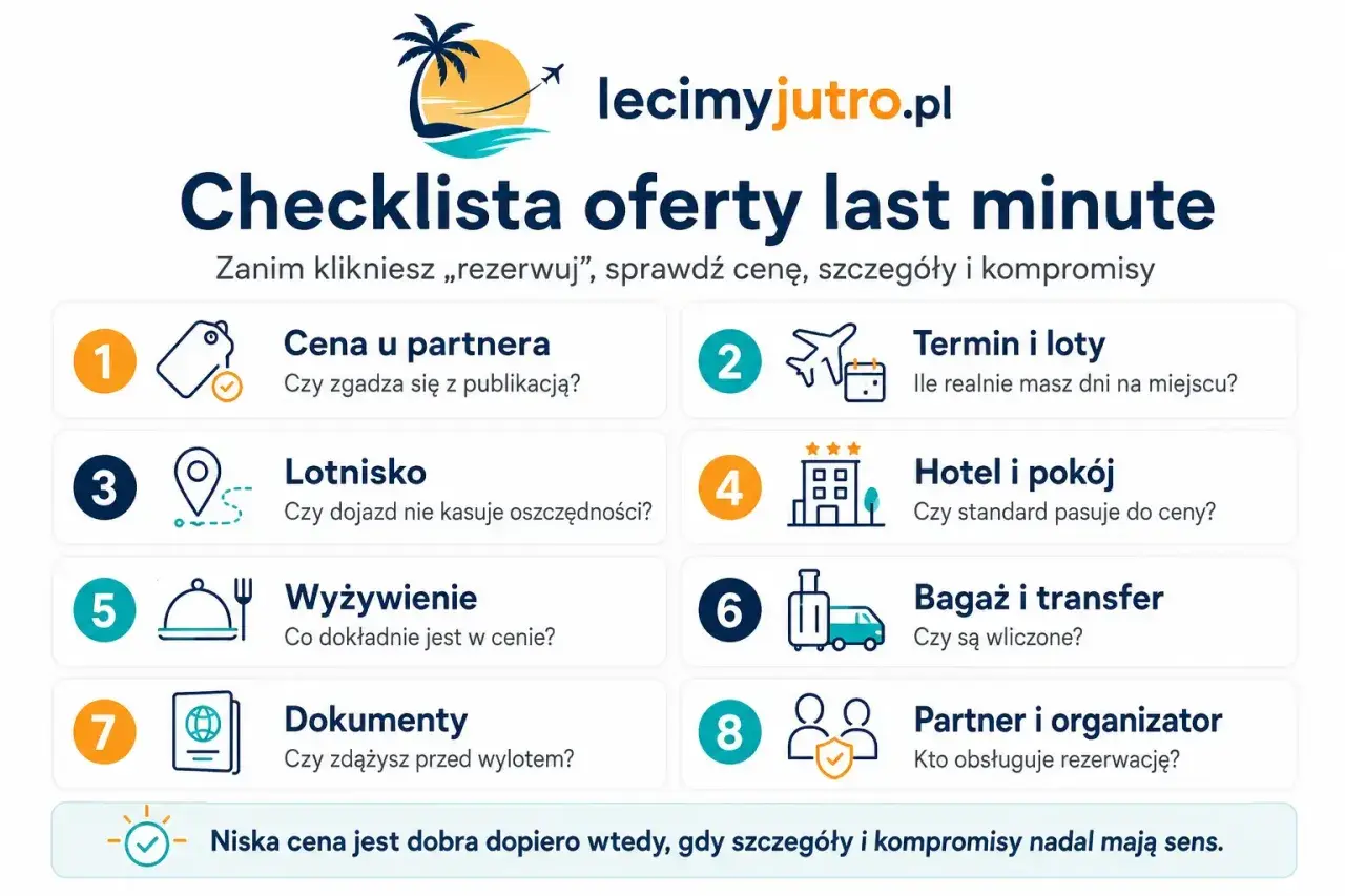 Checklista ofert last minute: cena, termin, hotel, wyżywienie, bagaż, partner. Niska cena jest dobra, gdy szczegóły mają sens.