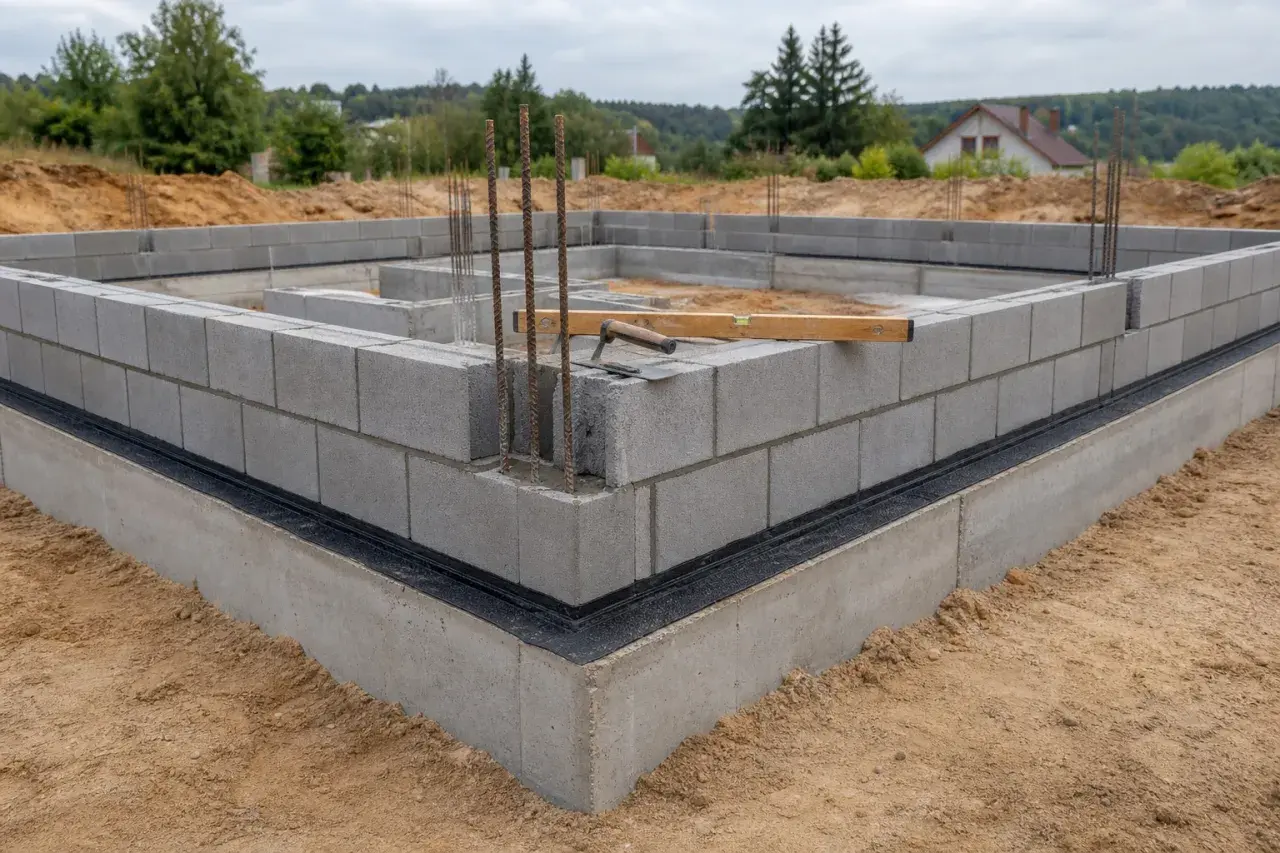 Budowa domu w toku. Widać fundamenty z bloczków betonowych fundamentowych, zbrojenie i narzędzia budowlane.