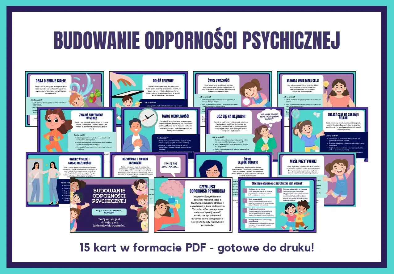 Zestaw 15 kart PDF "Budowanie odporności psychicznej" z ilustracjami dzieci i wskazówkami, jak wzmocnić siłę psychiczną.