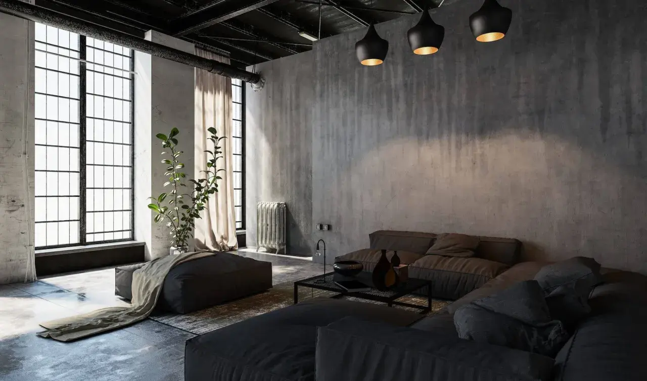 Wohnzimmer im **industrial style** mit Betonwänden, großen Fenstern und dunklen Sofas.