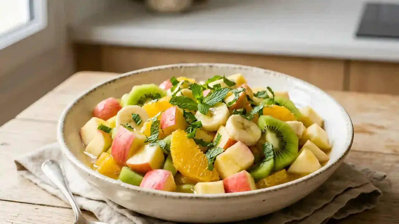 Un bol de salade de fruits d'été colorée avec des morceaux de kiwi, d'orange, de banane et de pomme, garnie de menthe fraîche.