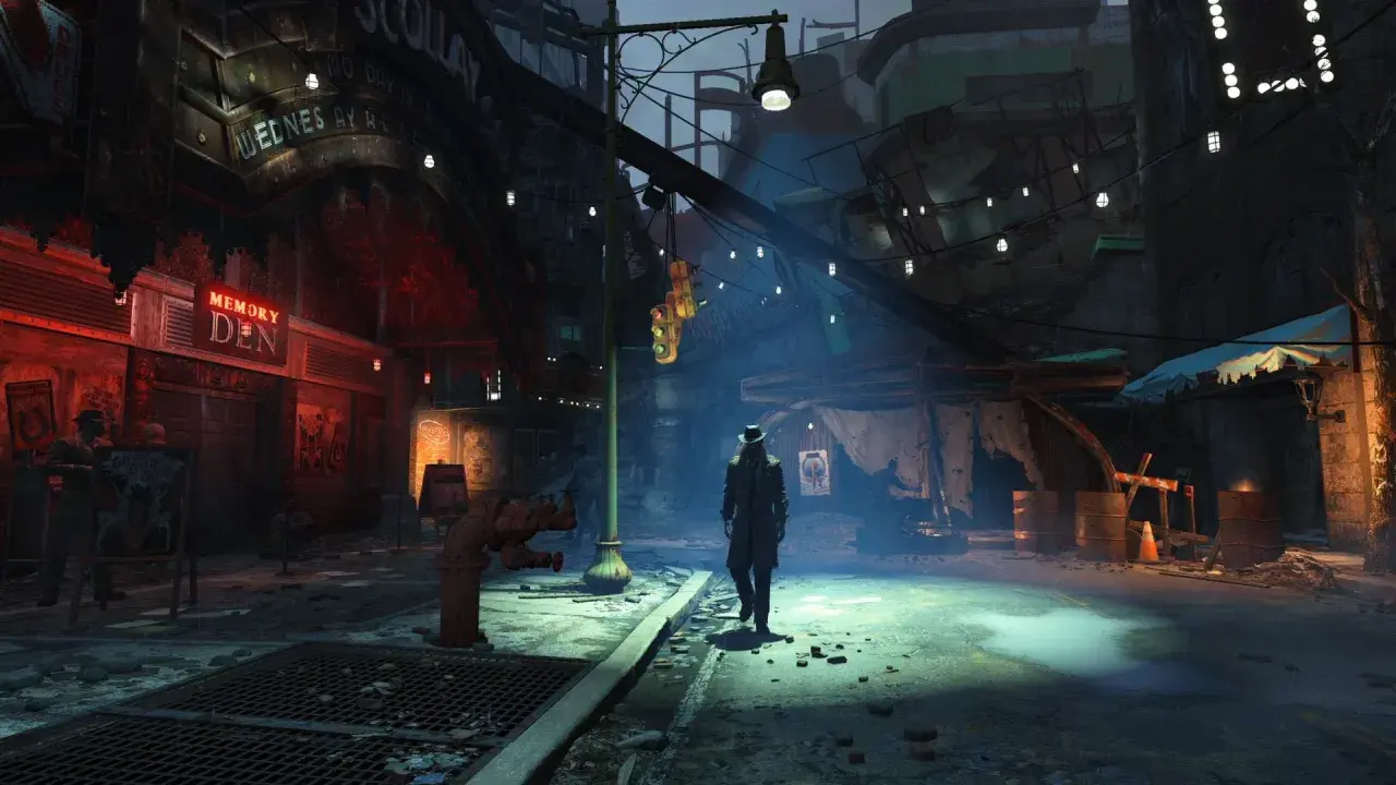 Mroczna ulica w postapokaliptycznym świecie, gdzie jeden z **fallout 4 towarzysze** przemierza zniszczone miasto.