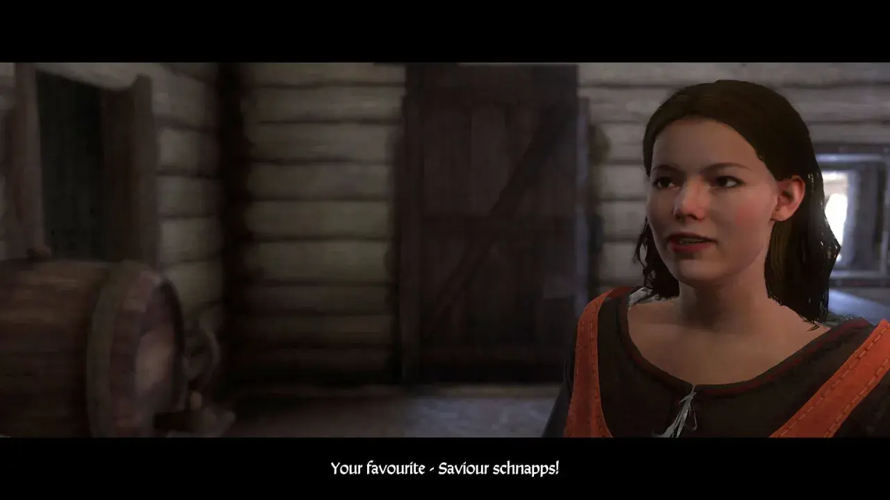 Młoda kobieta w karczmie, scena z gry Kingdom Come Deliverance. Poradnik do gry podpowiada, jak zdobyć ulubiony trunek.