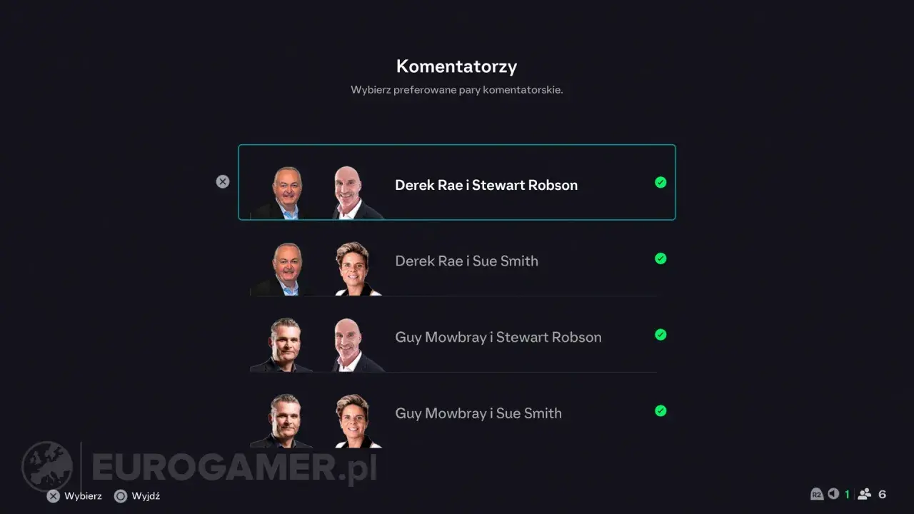 Wybór komentatora piłki nożnej: Derek Rae i Stewart Robson, Derek Rae i Sue Smith, Guy Mowbray i Stewart Robson, Guy Mowbray i Sue Smith.