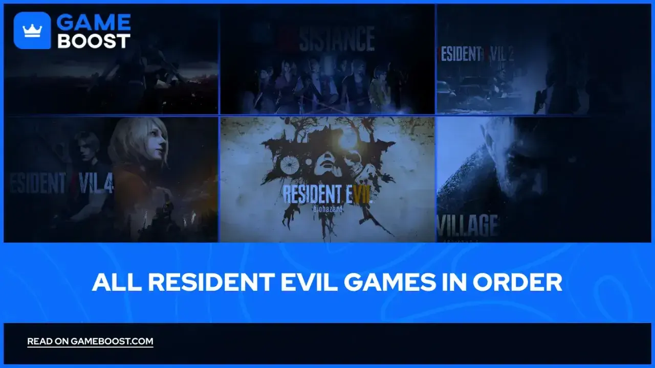 Kolekcja okładek gier Resident Evil, od klasyków po nowsze odsłony, prezentująca serię Resident Evil po kolei.
