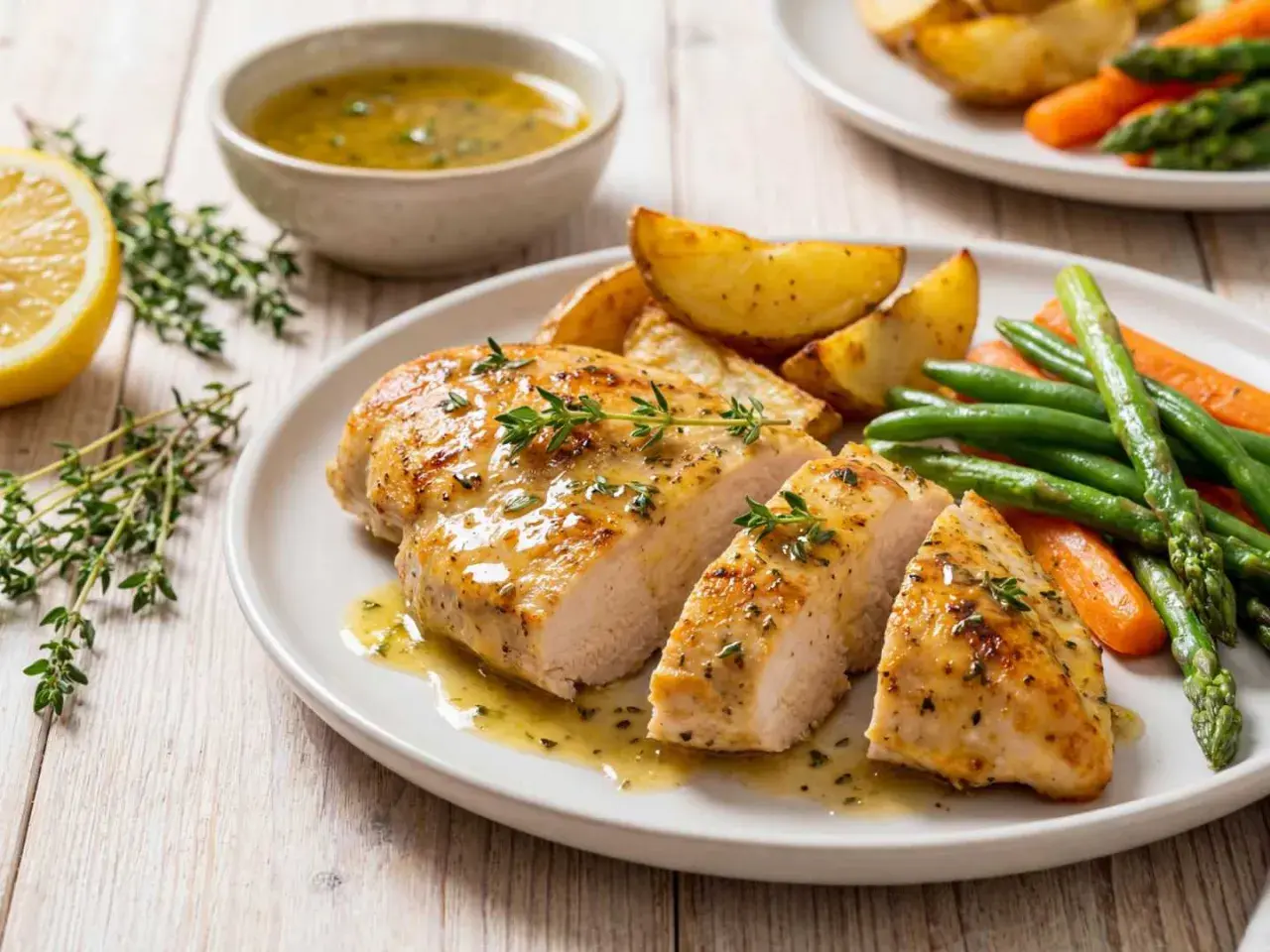 Ugnsbakad kycklingfilé med örter, serverad med rostade potatisklyftor, morötter och gröna bönor. Perfekt kycklingfilé i ugn tid 175 grader.