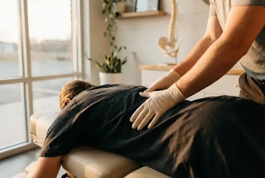 Osteopath behandelt Rücken, um Muskelkater nach der Behandlung zu lindern.