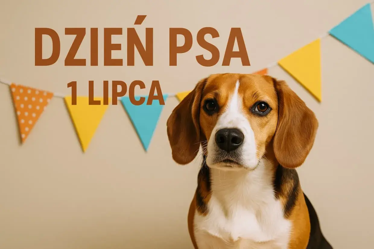 Uroczy beagle czeka na świętowanie Dnia Psa 1 lipca, otoczony kolorowymi chorągiewkami.