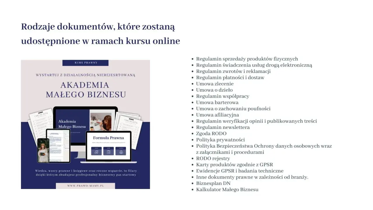 Lista dokumentów prawnych dla Akademii Małego Biznesu: regulaminy, umowy, polityki, RODO.