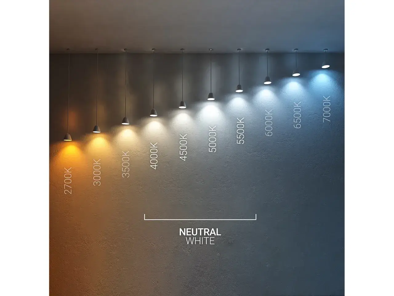 Comparativa de temperaturas de color de luz, desde cálida (2700K) hasta fría (7000K), mostrando la transición hacia un blanco neutro alrededor de 4200K.