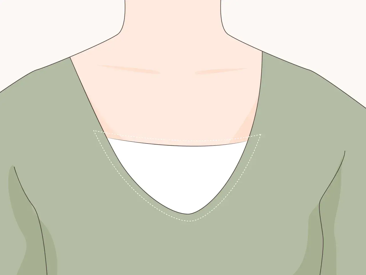 Illustration showing how to sew a neckline with dashed lines indicating stitching.