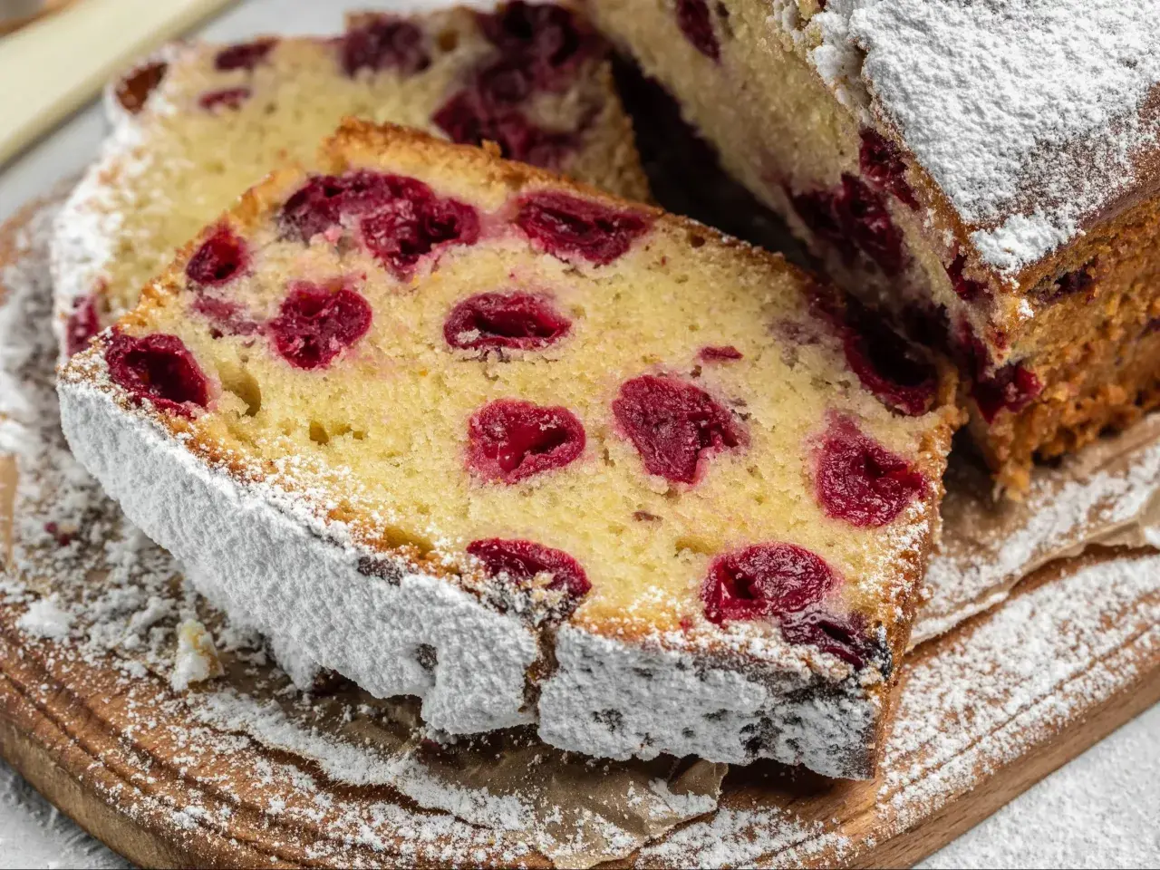 Pyszne ciasto z wiśniami, posypane cukrem pudrem, leży na drewnianej desce.
