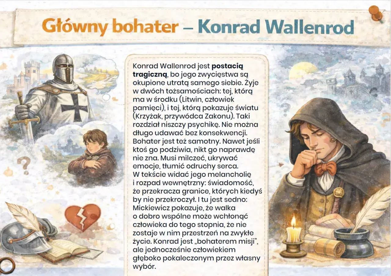 Konrad Wallenrod, tragiczny bohater, żyje w rozdarciu między tożsamościami. Jego walka o dobro wspólne prowadzi do głębokiego kalectwa.