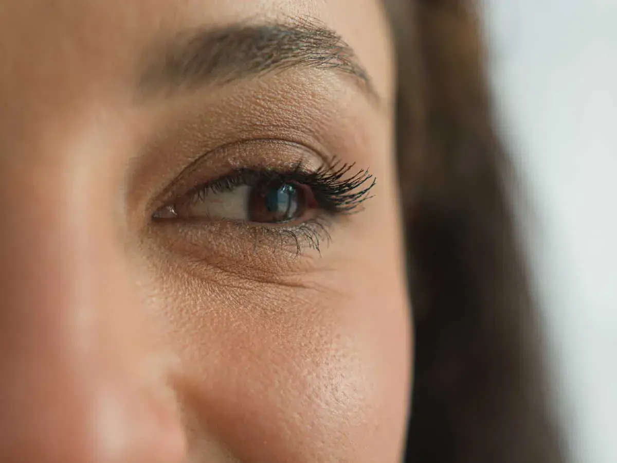 Gros plan sur un œil marron, cils longs et recourbés. Une étape maquillage yeux réussie, le regard est intense.