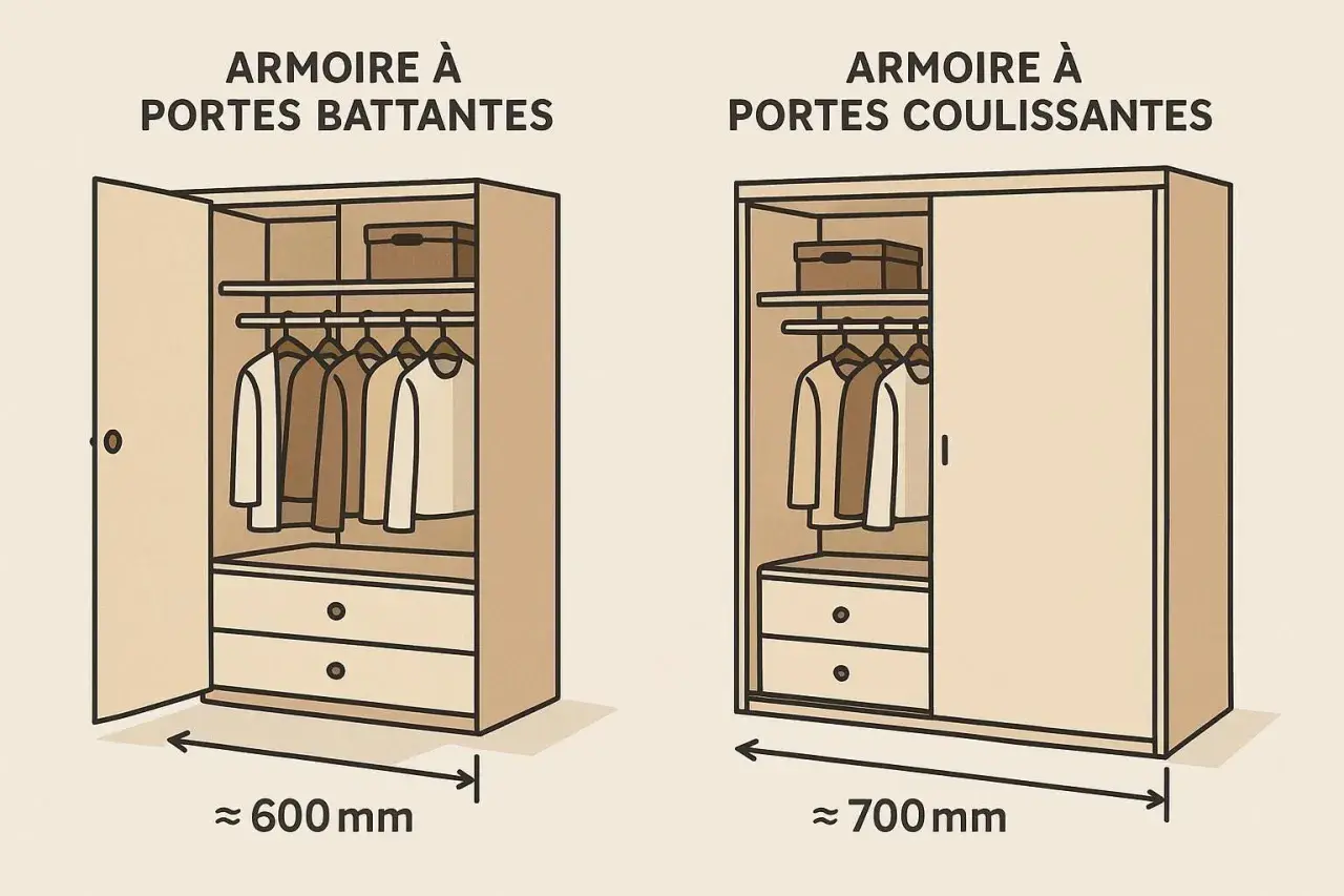 Comparaison de la profondeur d'un dressing : 600 mm pour une armoire à portes battantes, 700 mm pour une armoire à portes coulissantes.