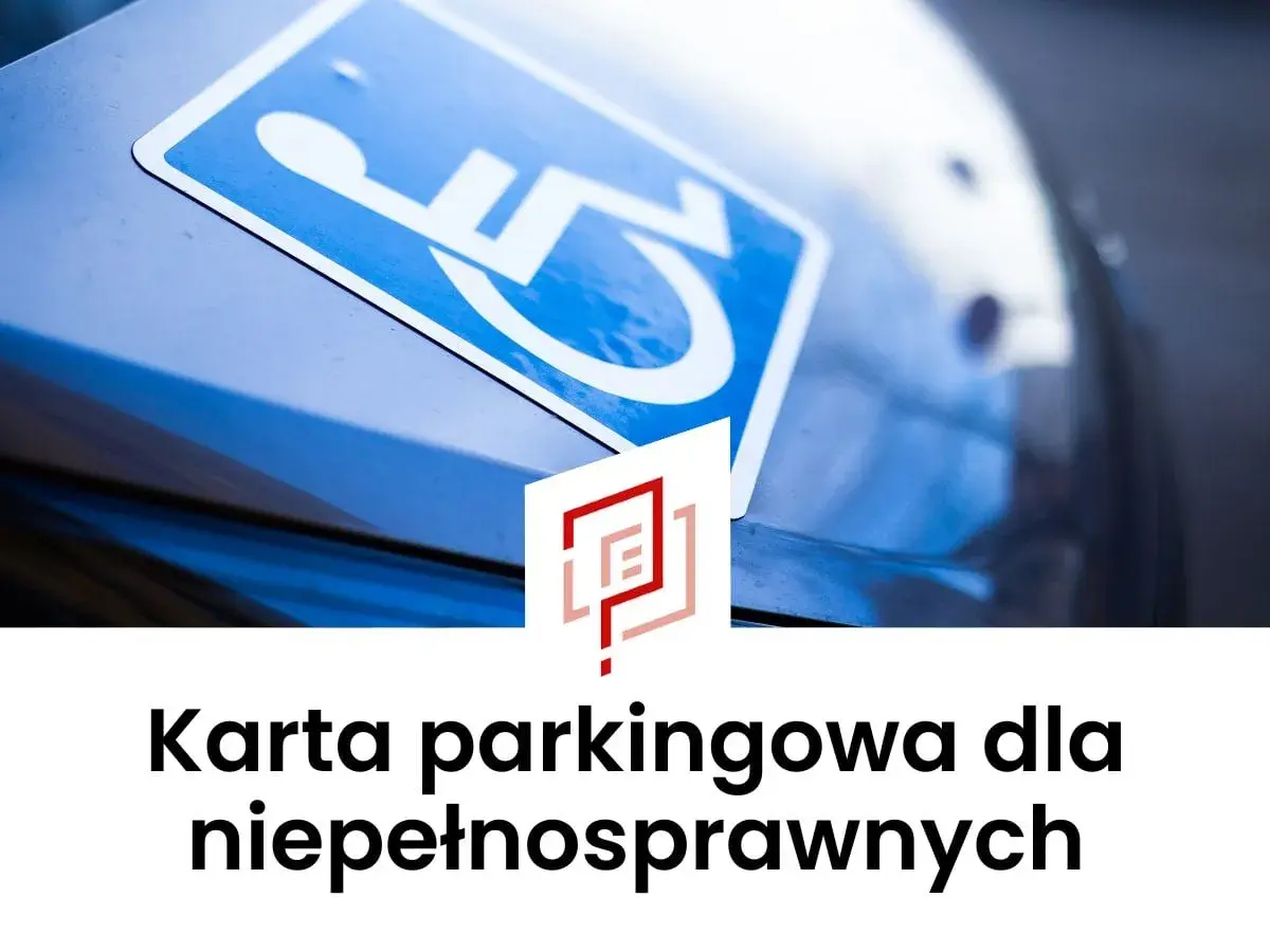 Niebieski symbol wózka inwalidzkiego na niebieskim tle. Poniżej tekst: Karta parkingowa dla niepełnosprawnych wzór.