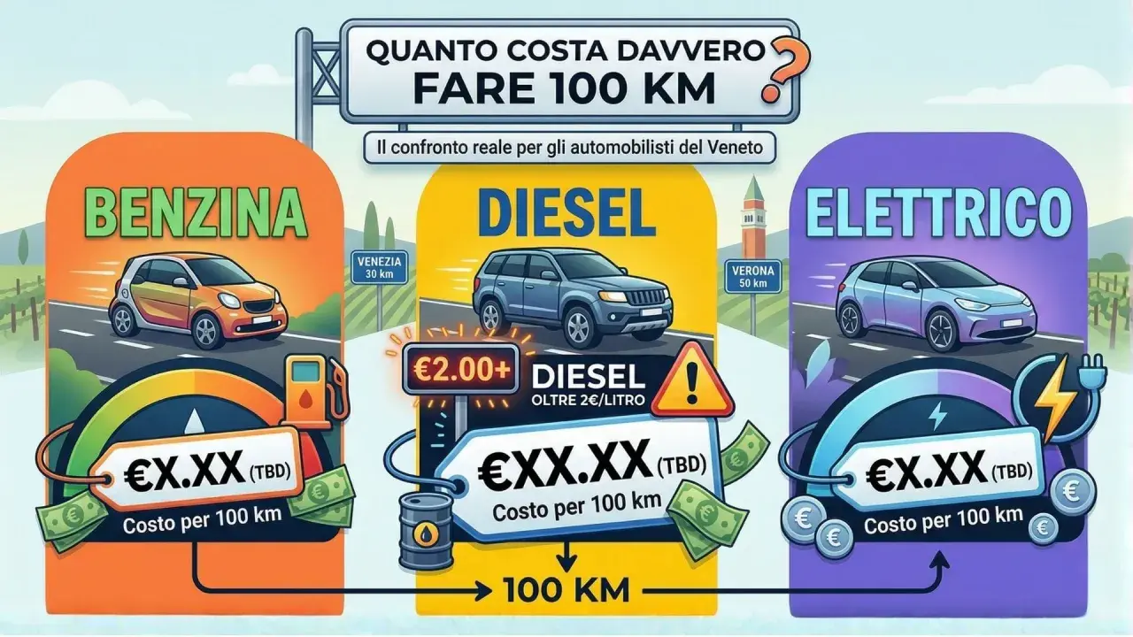 Confronto costi auto: benzina, diesel e elettrico. Quanto diesel per 100 km? L'immagine mostra i costi per 100 km di diversi tipi di auto.