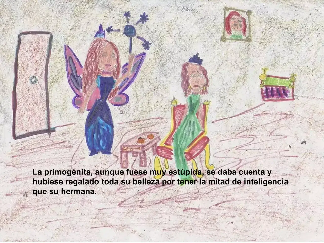 Dos princesas, una con alas y copete, otra sentada. La de alas, riquete el del copete, parece más feliz.