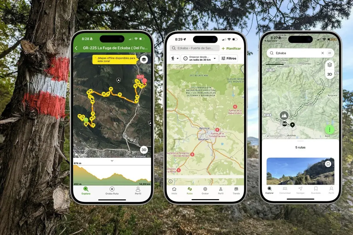 Tres pantallas de una **aplicación senderismo** muestran mapas detallados de rutas, perfiles de elevación y opciones de planificación.