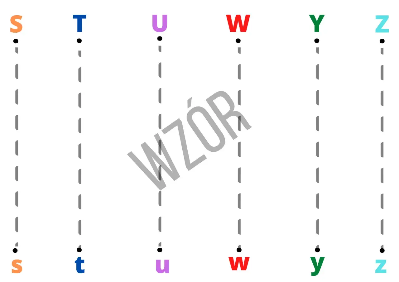 Ćwiczenia grafomotoryczne przykłady: litery S, T, U, W, Y, Z do pisania po śladzie.