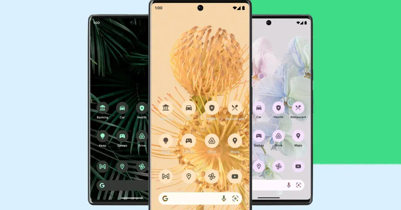 Trzy telefony z systemem android 13 prezentują nowe ikony aplikacji i tapety z motywami roślinnymi.