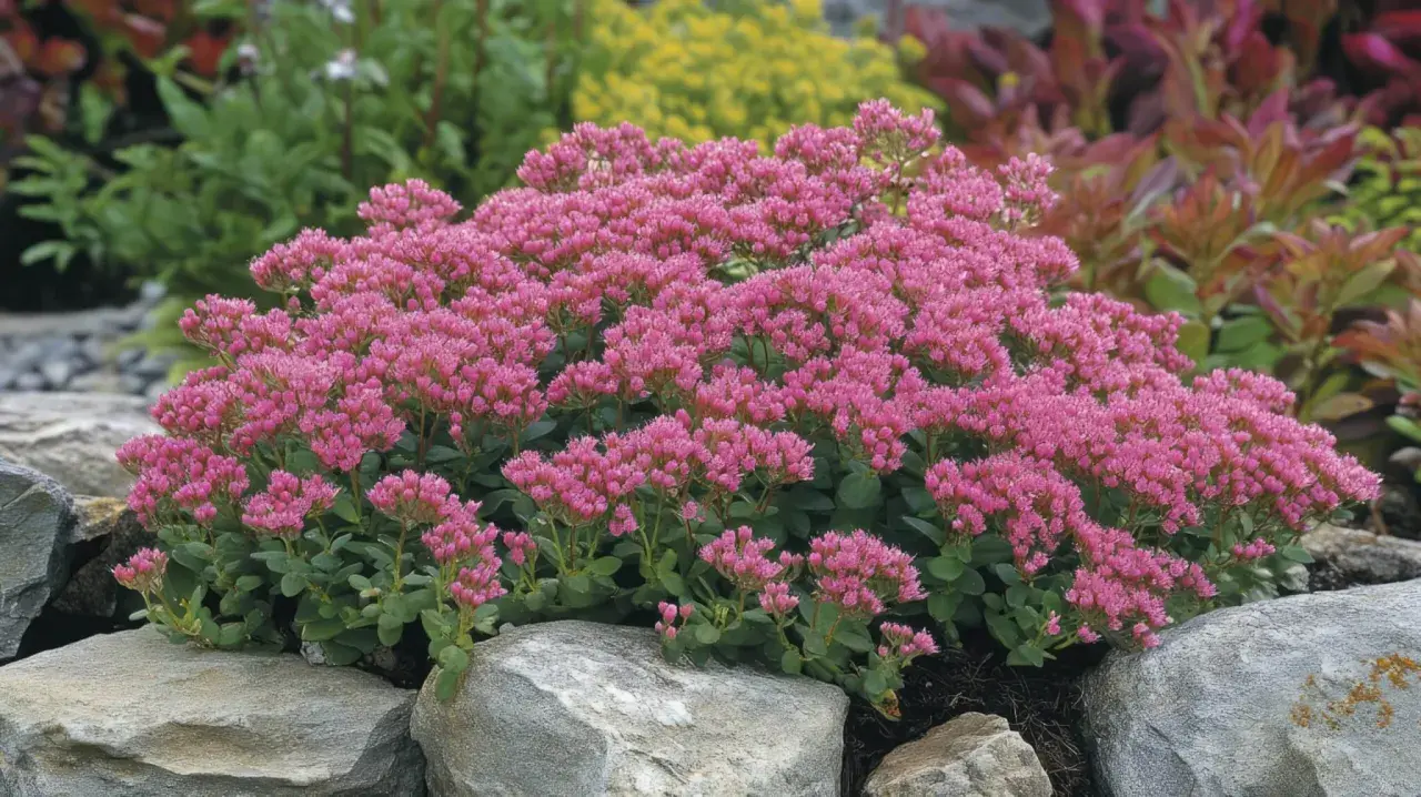 Ein Teppich aus rosa Blüten, typisch für Fetthenne Arten, wächst zwischen grauen Steinen.