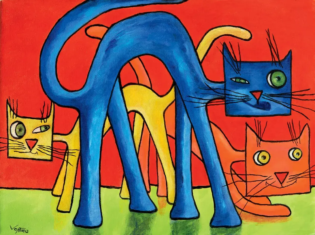 Gatti stilizzati in un vivace gioco di **colore contrasto blu** su sfondo rosso. Un blu intenso domina la scena, con tocchi di giallo e arancione.