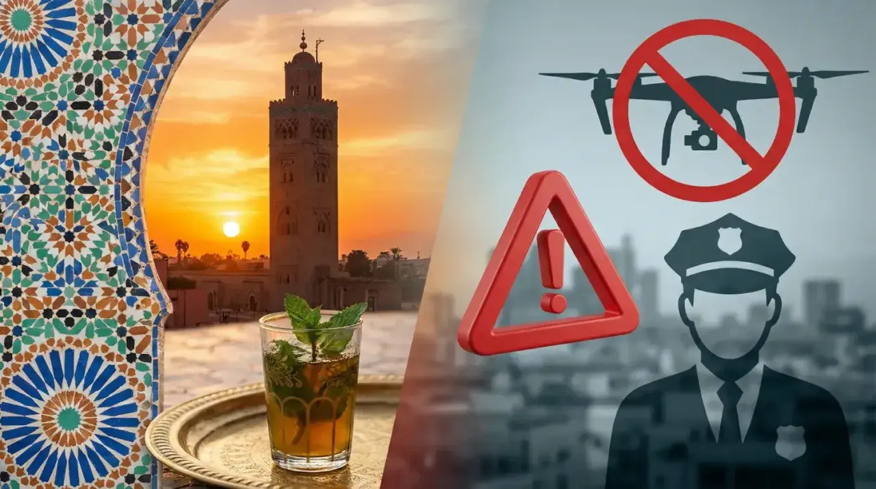 Maroko: zakaz dronów i ostrzeżenie przed wywożeniem pewnych przedmiotów. Piękny zachód słońca nad meczetem i tradycyjna herbata.