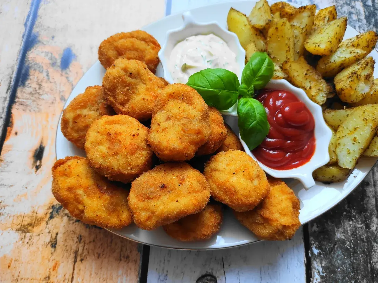 Chrupiące nuggetsy z kurczaka, złociste frytki i sosy: ketchup i majonez. Idealna przekąska na każdą okazję.