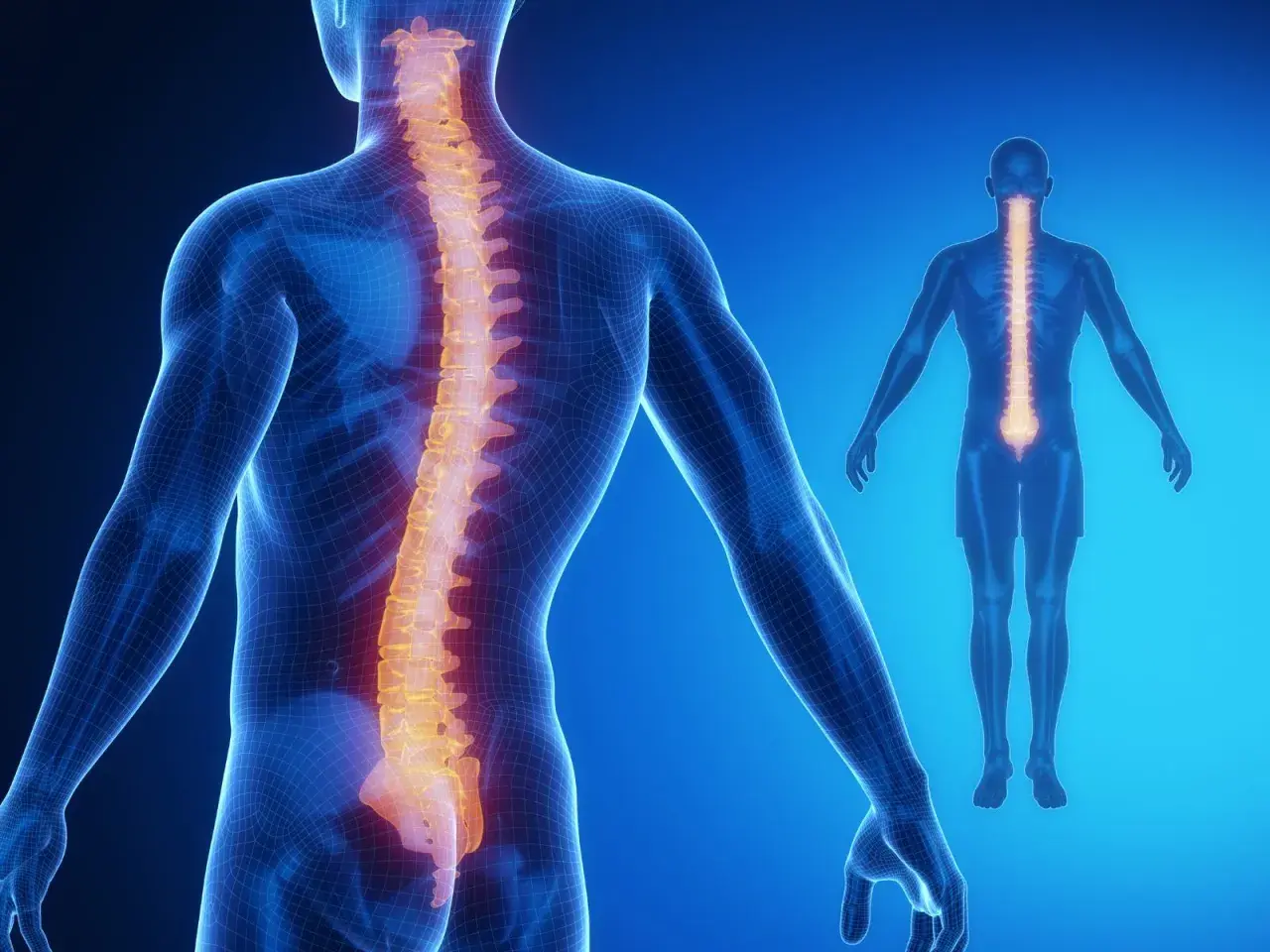 Schiena umana con colonna vertebrale evidenziata in arancione, mostrando curve che suggeriscono lordosi e scoliosi insieme.