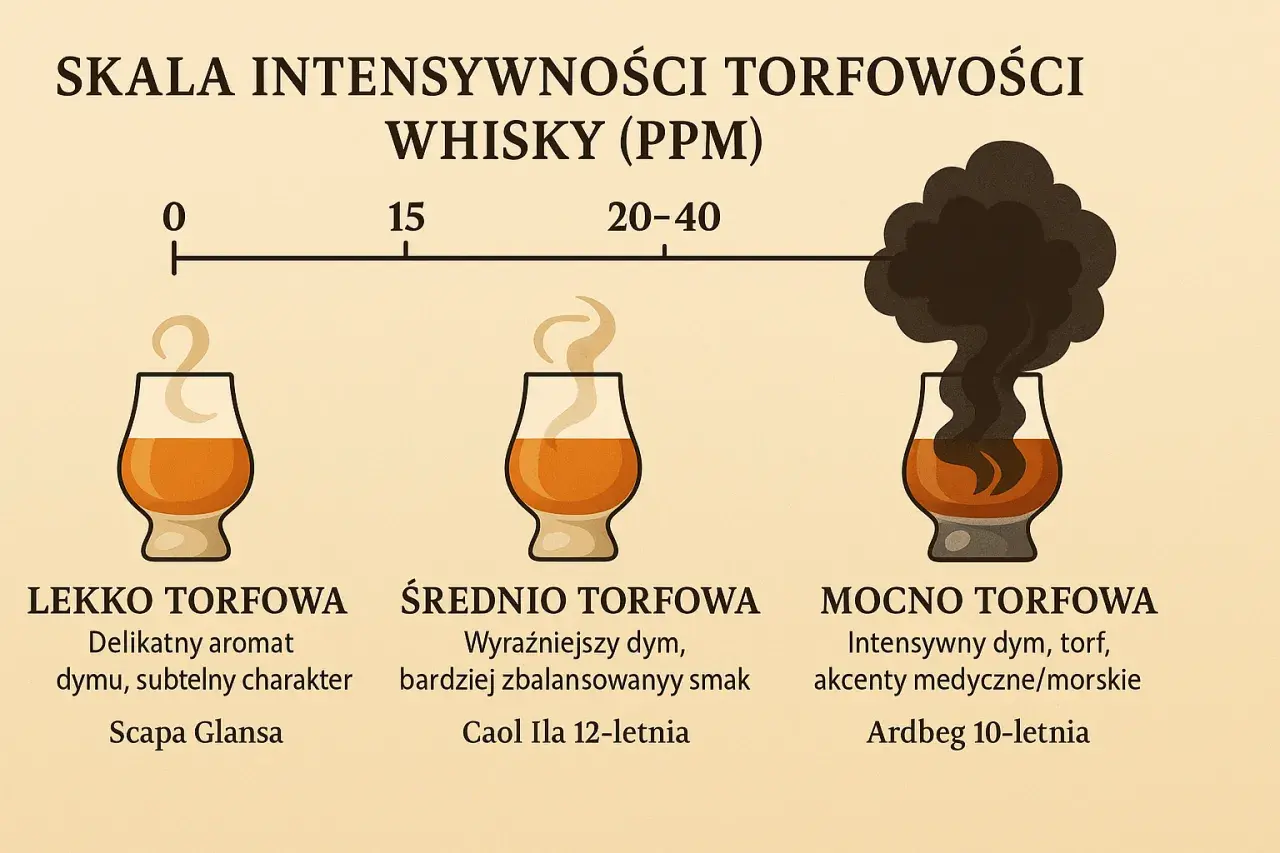 Skala torfowości whisky: lekko, średnio i mocno torfowa. Fenol i suszenie torfem to przyczyny dymnego posmaku.