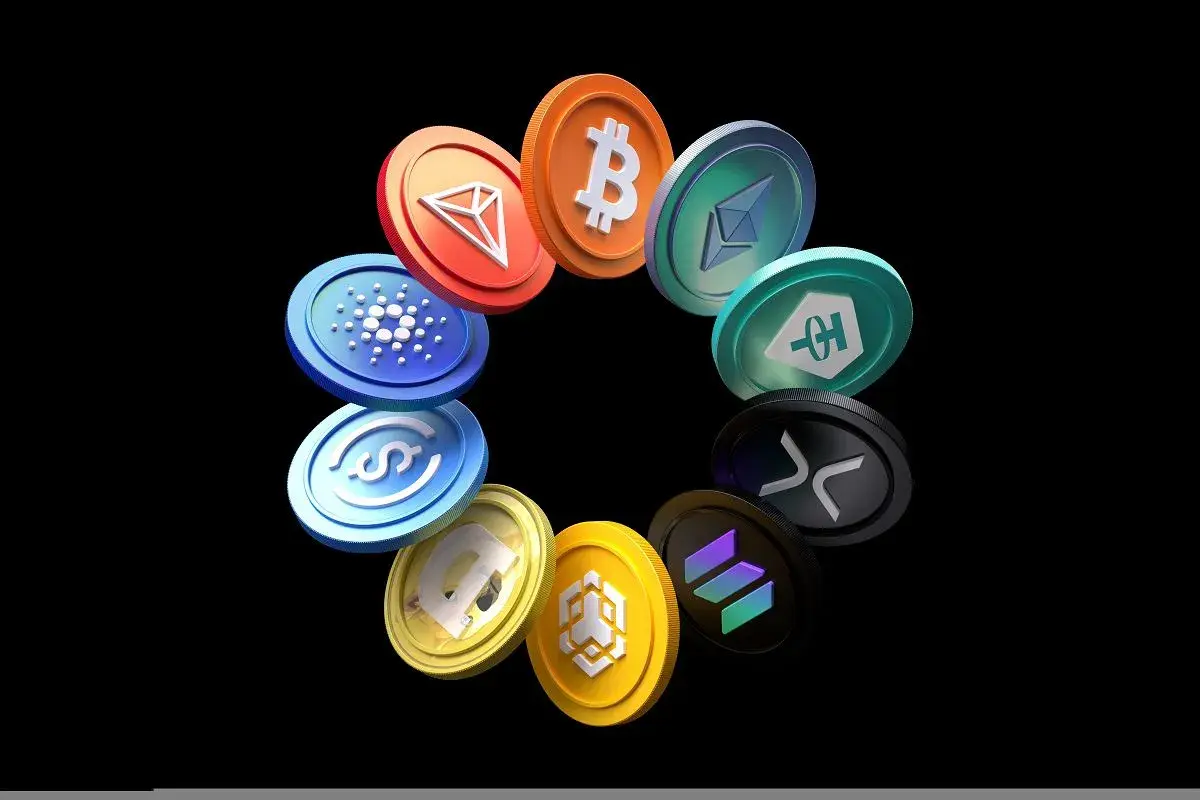 Krąg monet kryptowalutowych, w tym Bitcoin, Ethereum i inne. Niektóre z nich mogą symbolizować ujemne saldo, gdy rynek spada.