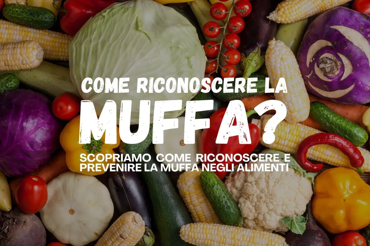 Verdure fresche e colorate, tra cui cavoli, mais e peperoni, circondano il testo "Come riconoscere la muffa?". Evita le patate pelose e altri alimenti ammuffiti.