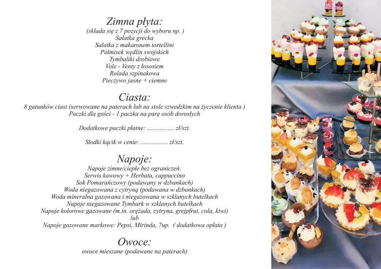 Słodki stół z deserami na przyjęcie. Mini deserki, babeczki i ciasta w pucharkach. Idealny catering kotórz mały.