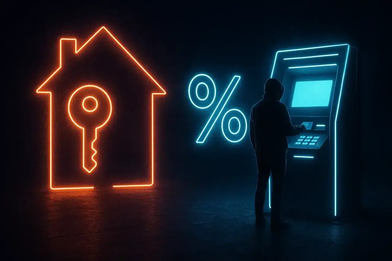 En person vid en bankomat, med symboler för hus, nyckel och procent. Frågan om man kan låna till kontantinsats är central.