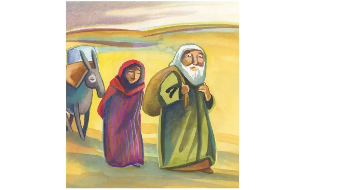 Abraham und Sara ziehen mit einem Esel durch eine karge Landschaft.